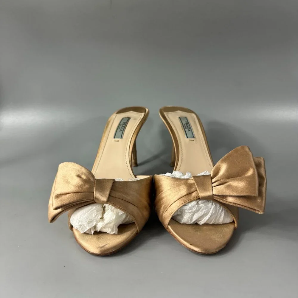 Authentic Prada Gold Silk Evening Mules with Asymmetric Bow, Size 39 1/2 - Picture 3 of 14